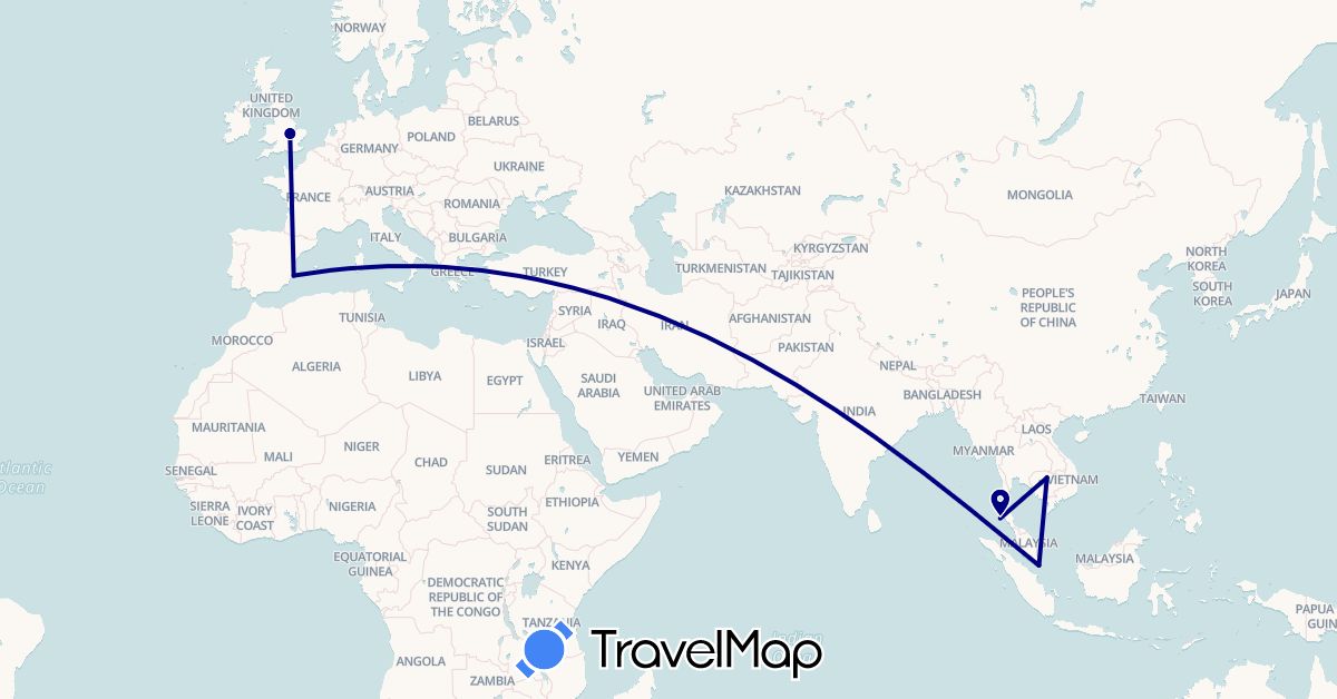 TravelMap itinerary: driving in Spain, United Kingdom, Cambodia, Singapore, Thailand (Asia, Europe)